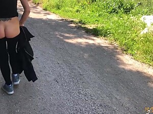 Slutty wife flashing and touching boobs, ass and pussy during a walk