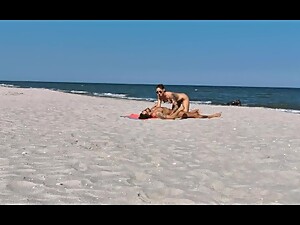 Sharing my girl with a stranger on the public beach. Threesome WetKelly.